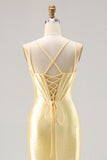 Light Yellow Mermaid Spaghetti Straps Beaded Corset Long Prom Dress