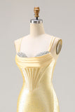 Light Yellow Mermaid Spaghetti Straps Beaded Corset Long Prom Dress