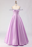 Off the Shoulder Light Purple Corset A Line Beaded Long Prom Dress with Lace Up Back