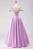 Off the Shoulder Light Purple Corset A Line Beaded Long Prom Dress with Lace Up Back