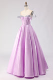 Off the Shoulder Light Purple Corset A Line Beaded Long Prom Dress with Lace Up Back
