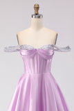 Off the Shoulder Light Purple Corset A Line Beaded Long Prom Dress with Lace Up Back