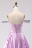 Off the Shoulder Light Purple Corset A Line Beaded Long Prom Dress with Lace Up Back