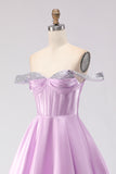 Off the Shoulder Light Purple Corset A Line Beaded Long Prom Dress with Lace Up Back