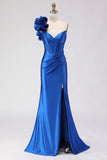 Royal Blue Mermaid One Shoulder Beaded Corset Satin Long Prom Dress with Slit