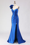 Royal Blue Mermaid One Shoulder Beaded Corset Satin Long Prom Dress with Slit
