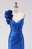 Royal Blue Mermaid One Shoulder Beaded Corset Satin Long Prom Dress with Slit