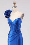 Royal Blue Mermaid One Shoulder Beaded Corset Satin Long Prom Dress with Slit