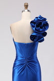 Royal Blue Mermaid One Shoulder Beaded Corset Satin Long Prom Dress with Slit
