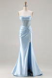 Strapless Sky Blue Mermaid Corset Beaded Long Prom Dress with Slit