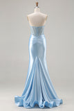 Strapless Sky Blue Mermaid Corset Beaded Long Prom Dress with Slit