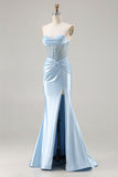 Strapless Sky Blue Mermaid Corset Beaded Long Prom Dress with Slit