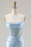 Strapless Sky Blue Mermaid Corset Beaded Long Prom Dress with Slit