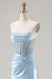 Strapless Sky Blue Mermaid Corset Beaded Long Prom Dress with Slit