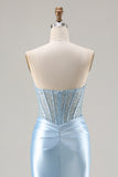 Strapless Sky Blue Mermaid Corset Beaded Long Prom Dress with Slit