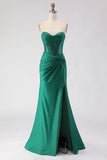 Dark Green Beaded Sweetheart Corset Mermaid Long Prom Dress with Slit