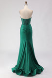 Dark Green Beaded Sweetheart Corset Mermaid Long Prom Dress with Slit