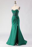 Dark Green Beaded Sweetheart Corset Mermaid Long Prom Dress with Slit