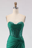 Dark Green Beaded Sweetheart Corset Mermaid Long Prom Dress with Slit