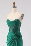 Dark Green Beaded Sweetheart Corset Mermaid Long Prom Dress with Slit