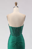 Dark Green Beaded Sweetheart Corset Mermaid Long Prom Dress with Slit