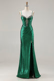 Metallic Dark Green Beaded Mermaid Corset Long Prom Dress with Slit