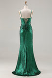 Metallic Dark Green Beaded Mermaid Corset Long Prom Dress with Slit