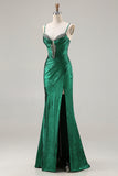 Metallic Dark Green Beaded Mermaid Corset Long Prom Dress with Slit