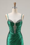 Metallic Dark Green Beaded Mermaid Corset Long Prom Dress with Slit