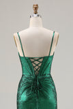 Metallic Dark Green Beaded Mermaid Corset Long Prom Dress with Slit