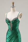 Metallic Dark Green Beaded Mermaid Corset Long Prom Dress with Slit