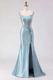 Grey Blue Mermaid Corset Beaded Satin Long Prom Dress with Slit