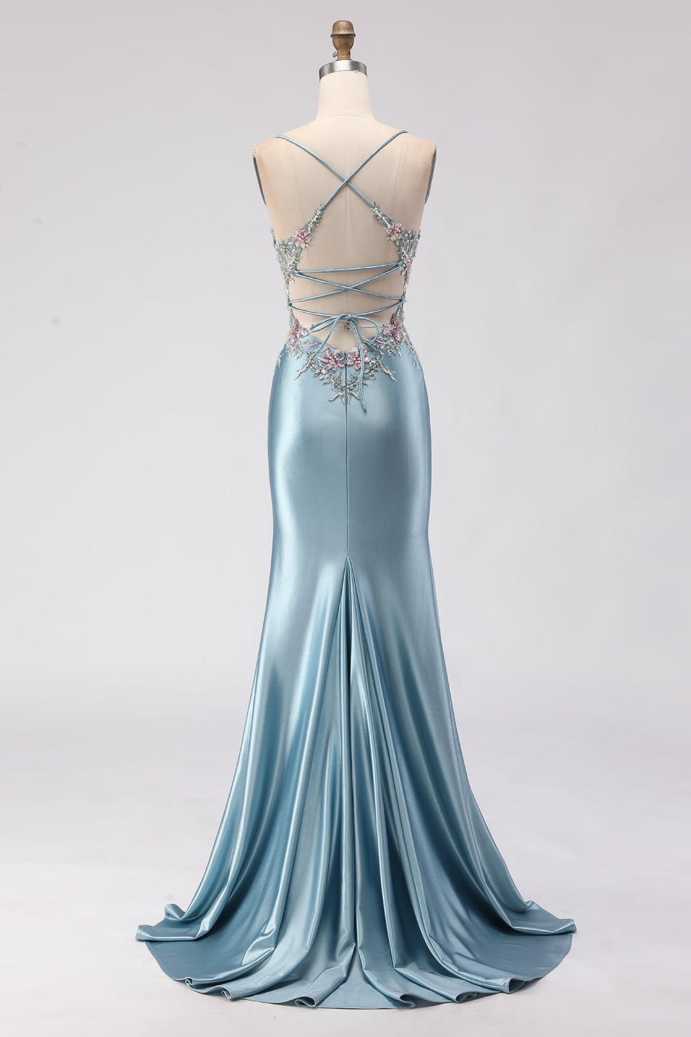 WEDTREND Women Mermaid Long Prom Dress with Slit Grey Blue Beaded Corset Satin Spaghetti Straps Party Dress with Lace Up Back WEDTREND Women Mermaid Long Prom Dress with Slit Grey Blue Beaded Corset Satin Spaghetti Straps Party Dress with Lace Up Back