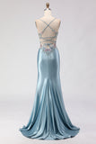 Grey Blue Mermaid Corset Beaded Satin Long Prom Dress with Slit
