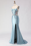 Grey Blue Mermaid Corset Beaded Satin Long Prom Dress with Slit