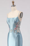 Grey Blue Mermaid Corset Beaded Satin Long Prom Dress with Slit