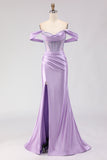 Purple Mermaid Off the Shoulder Beaded Corset Long Prom Dress with Slit