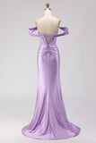 Purple Mermaid Off the Shoulder Beaded Corset Long Prom Dress with Slit