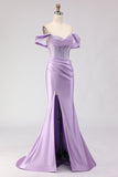 Purple Mermaid Off the Shoulder Beaded Corset Long Prom Dress with Slit