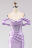 Purple Mermaid Off the Shoulder Beaded Corset Long Prom Dress with Slit