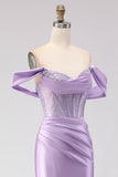Purple Mermaid Off the Shoulder Beaded Corset Long Prom Dress with Slit