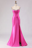 Fuchsia Mermaid Sweetheart Beaded Corset Satin Long Prom Dress with Slit