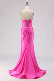 Fuchsia Mermaid Sweetheart Beaded Corset Satin Long Prom Dress with Slit