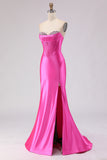 Fuchsia Mermaid Sweetheart Beaded Corset Satin Long Prom Dress with Slit