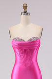 Fuchsia Mermaid Sweetheart Beaded Corset Satin Long Prom Dress with Slit