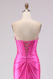 Fuchsia Mermaid Sweetheart Beaded Corset Satin Long Prom Dress with Slit