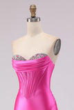 Fuchsia Mermaid Sweetheart Beaded Corset Satin Long Prom Dress with Slit