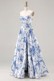 White Blue Flower A Line Strapless Lace Up Back Corset Long Prom Dress with Slit