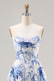 White Blue Flower A Line Strapless Lace Up Back Corset Long Prom Dress with Slit