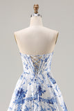 White Blue Flower A Line Strapless Lace Up Back Corset Long Prom Dress with Slit